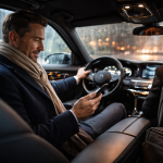 Voiture avec chauffeur privé en hiver sous la pluie, passager installé confortablement, ambiance premium et route humide en arrière-plan
