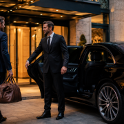 Chauffeur privé élégant accueillant un passager devant une voiture haut de gamme propre et confortable